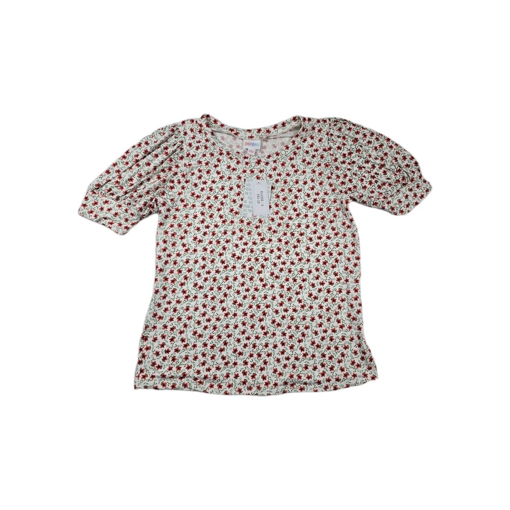 LuLaRoe Eloise Womens Small White Red Floral Puff Sleeve Scoop Neck Top NEW